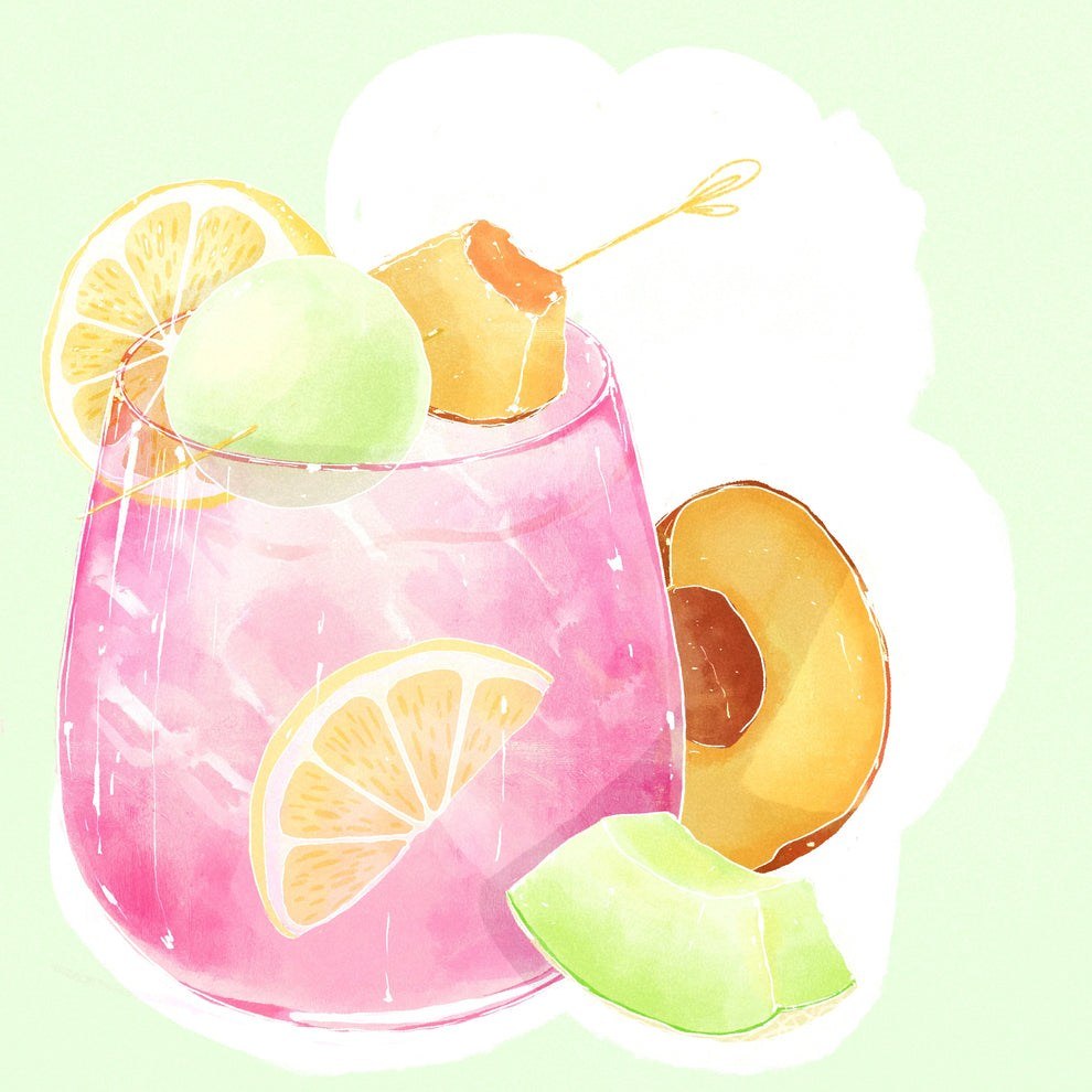 Illustrated pink iced coffee drink with peach and melon