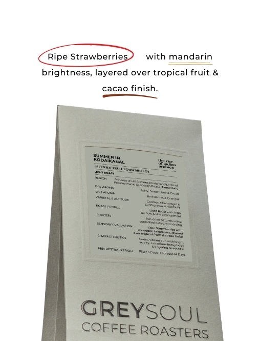 Grey Soul Coffee Roasters tasting notes card, Summer in Kodaikanal