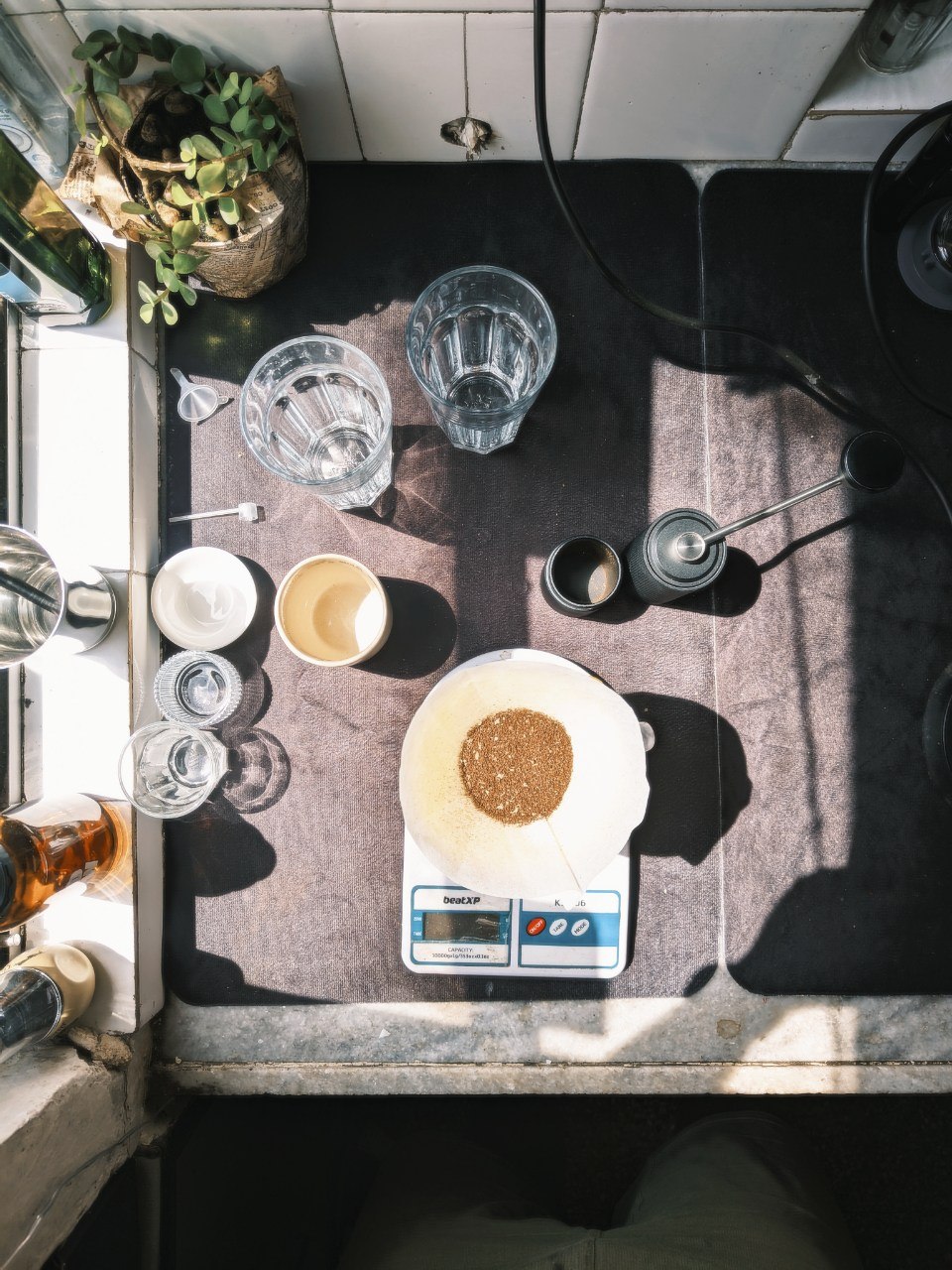 Overhead view of a pour-over setup mid-bloom, dialled in on a scale
